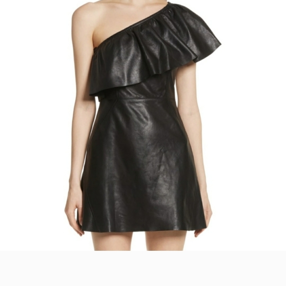SOLD!!! A.L.C. One-Shoulder Black Leather Ruffle Dress